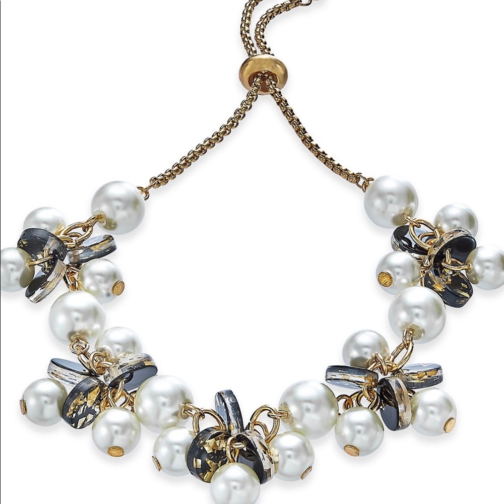 Gold Tone Simulated Pearl & Resin Slider Bracelet